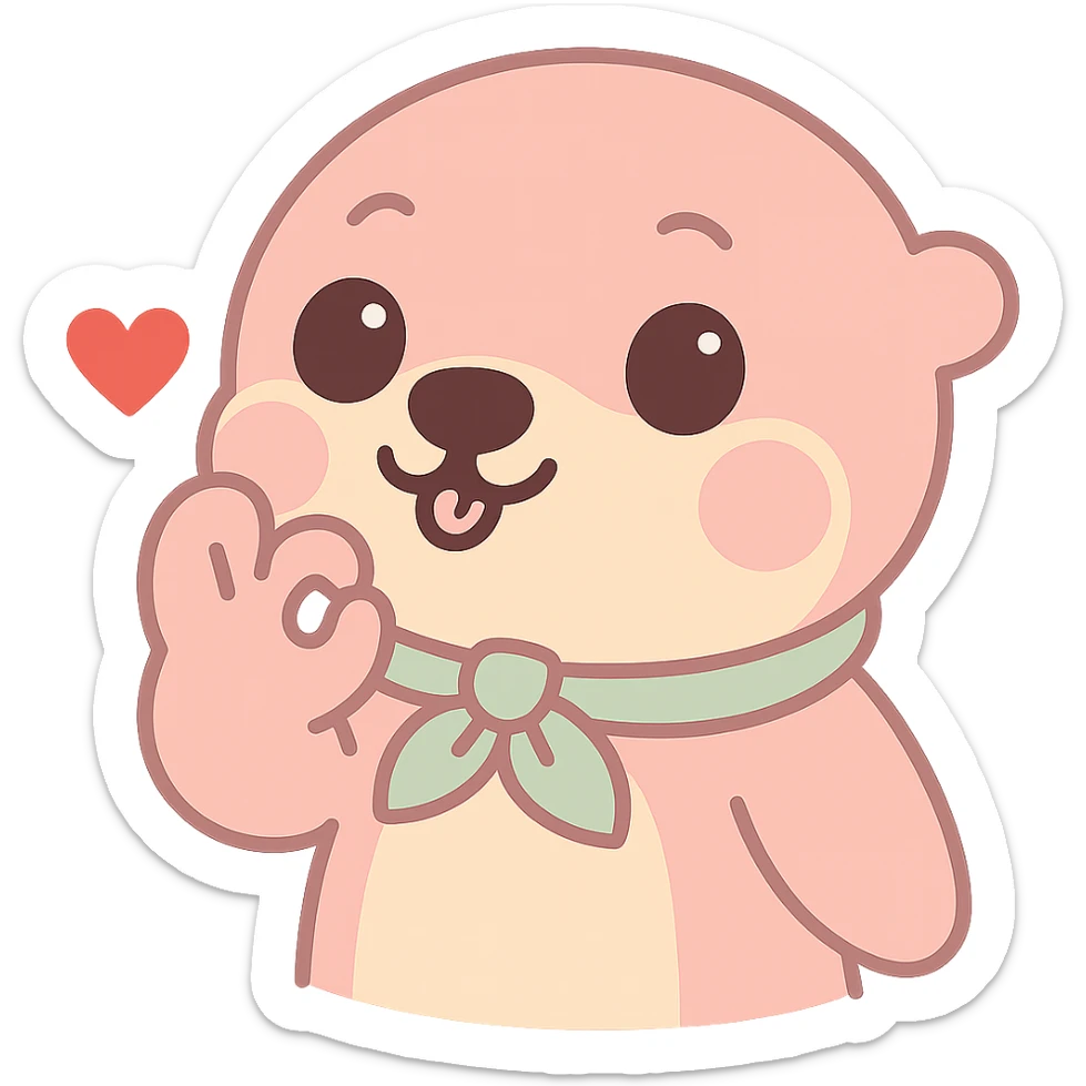 Move the otter's hand so it is almost touching its mouth in the chef's kiss gesture, keep the red heart, kawaii style with transparent background. sticker