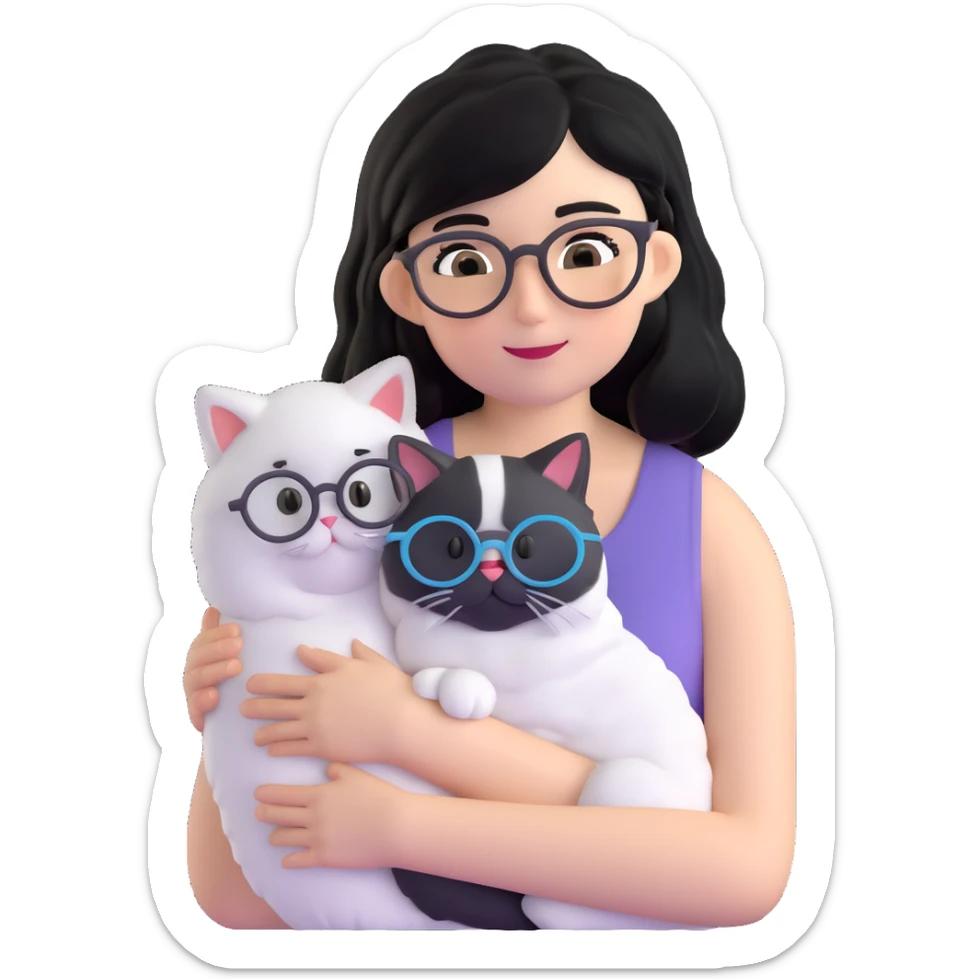 Skinny woman with oval glasses, shoulder length straight black hair, wearing white sleeveless top, hugging a Persian-Angora cat that's gray and white like Oreo cookies, plain background sticker