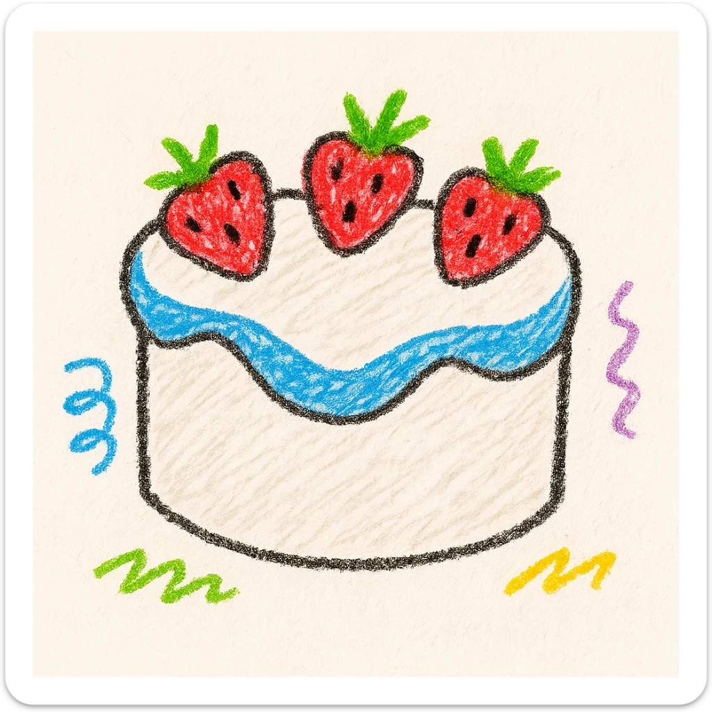 heart-shaped white cake with strawberries on top, playful and colorful, children doodle style sticker