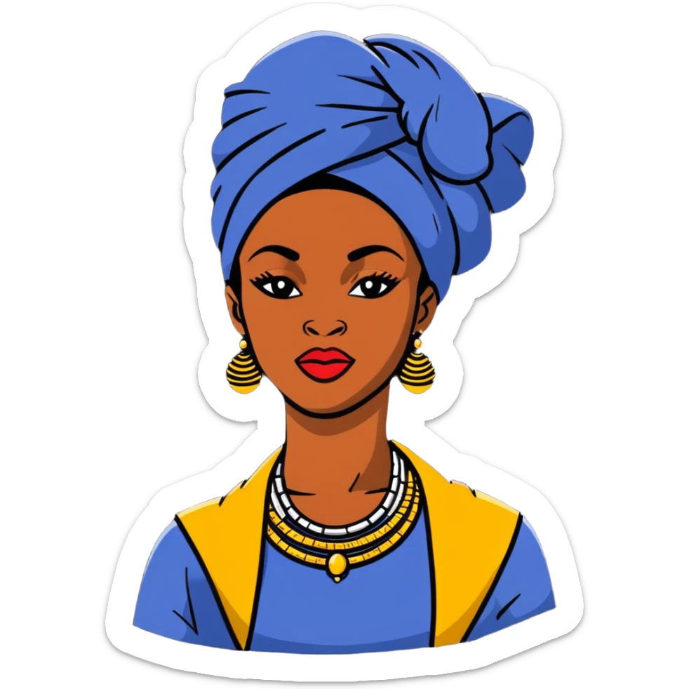 Fashionable African woman with designer clothes, stylish headwrap, statement jewelry and confident pose sticker