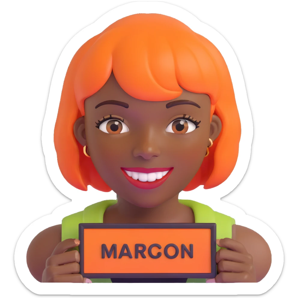 dark skinned Black woman with orange bob wig like Chucky's hair, visible plaque on her teeth sticker