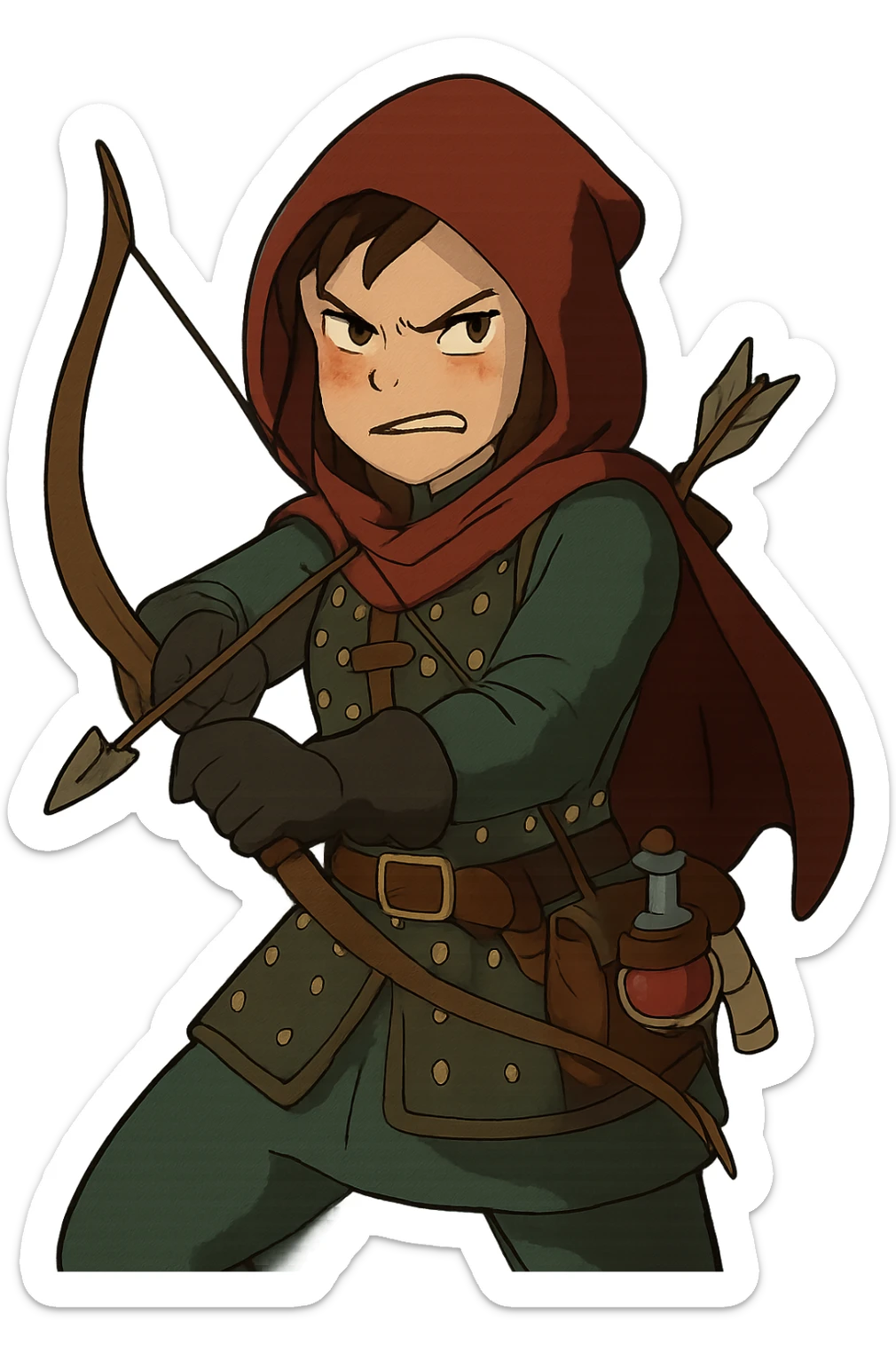 A female rouge , colored hood, wearing brigandine armor with, bow and arrow at the ready, night time shadows, tool belt with red potion and bandages, mischievous frown,  anger sticker