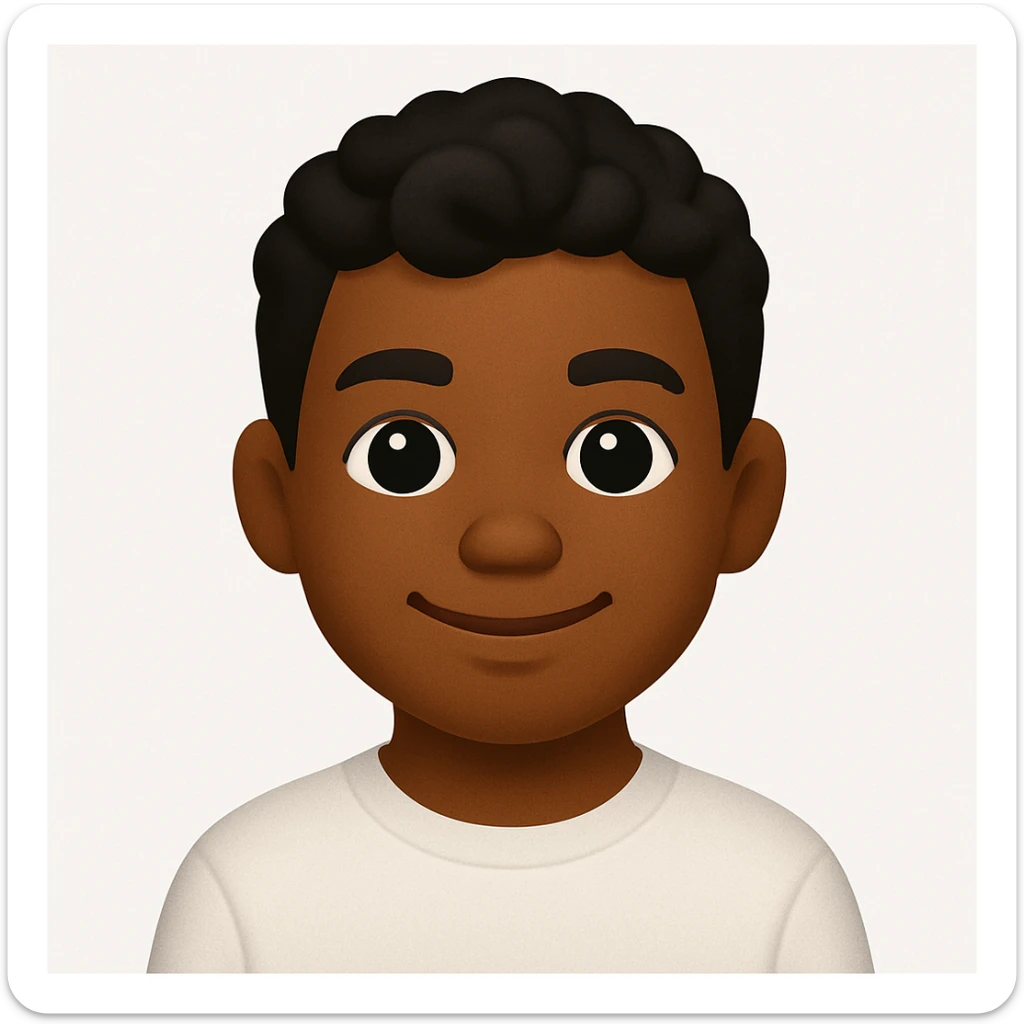 Make the boy slightly darker with tanned skin, keeping his black wavy hair, black eyes, no beard or mustache, and wearing a white sweatshirt. The style should resemble emoji style. sticker