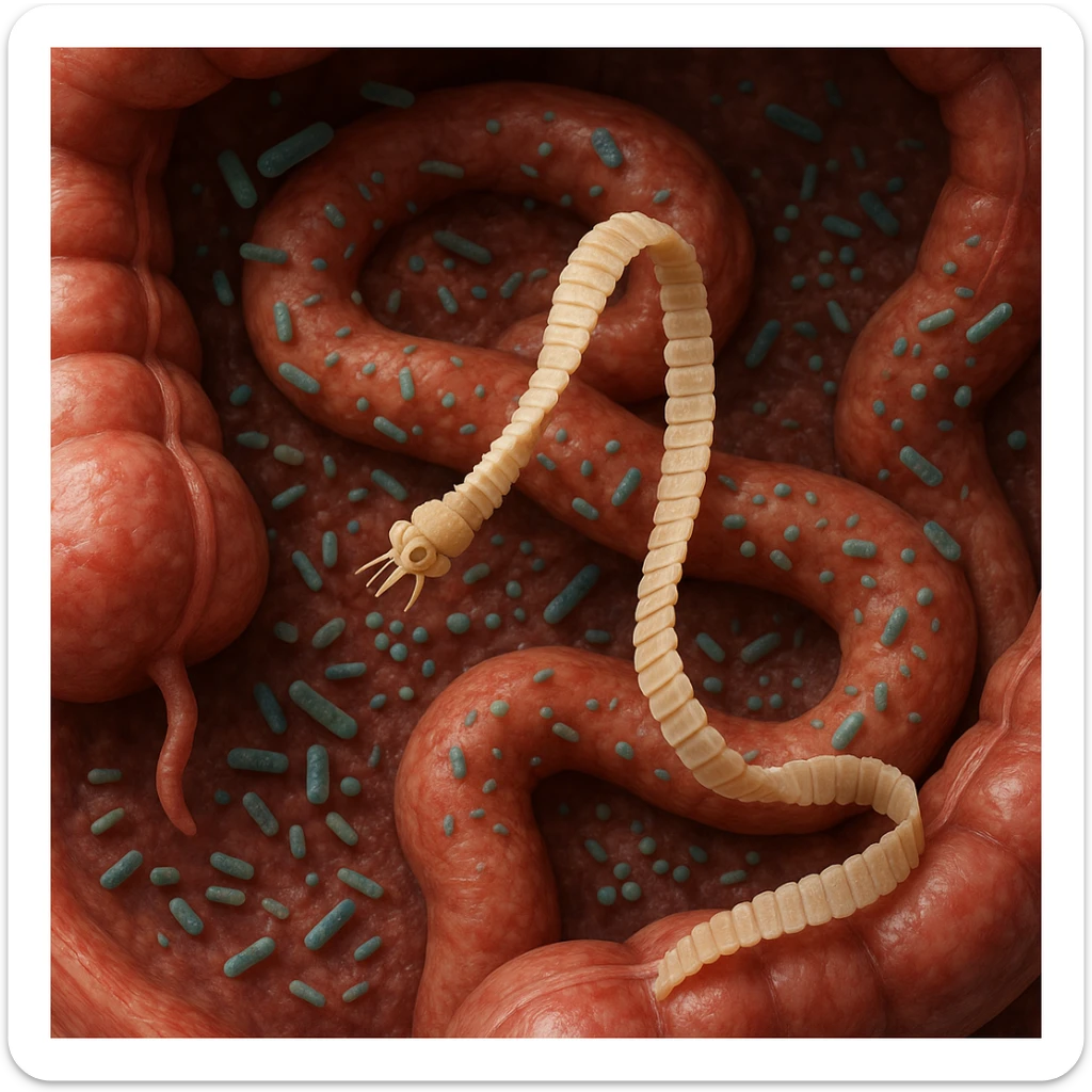 a medical illustration of a human realistic gut with bacteria and parasyte (tenia) realistic 4k real   sticker
