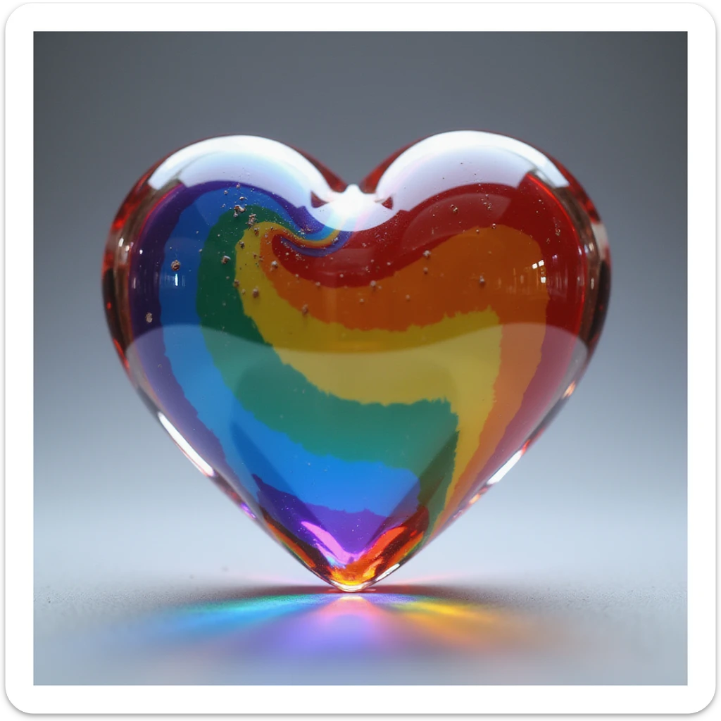 a realistic heart made of glass, filled with rainbow pride colors, photorealistic style sticker