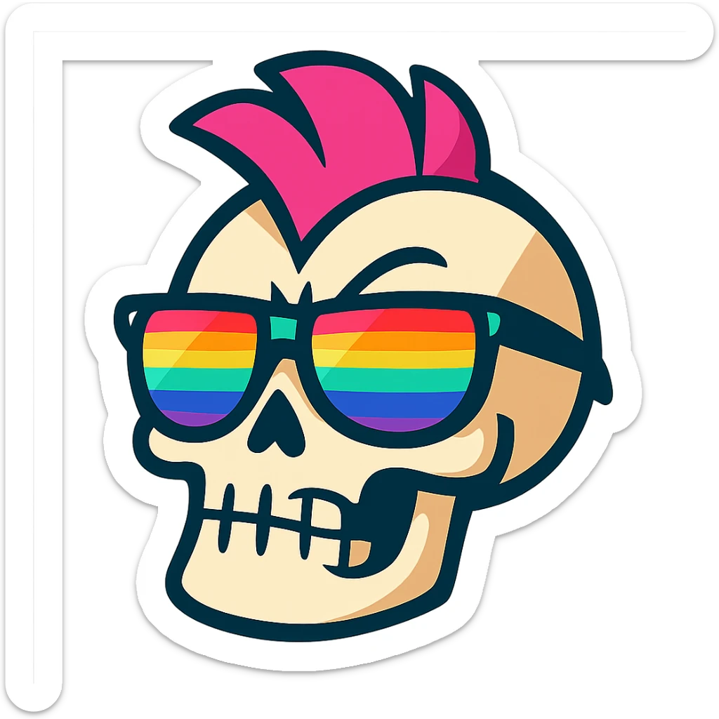 a sassy cartoon skull with a pink mohawk and rainbow sunglasses, vibrant toon style, for a gaming group sticker