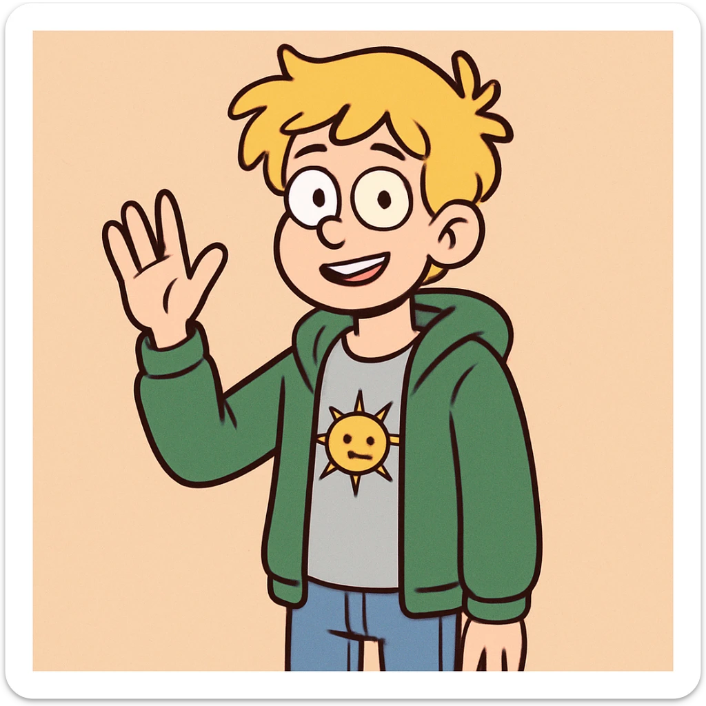 A boy yellow hair grey t-shirt yellow sun green hoodie lights blue jeans a hand hello  sticker