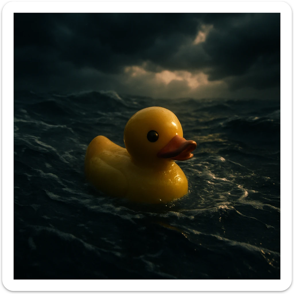 Cinematic still, Extreme Closeup shot of Yellow duck toy on ocean during storm, Camera from top, inspired by interstellar sticker