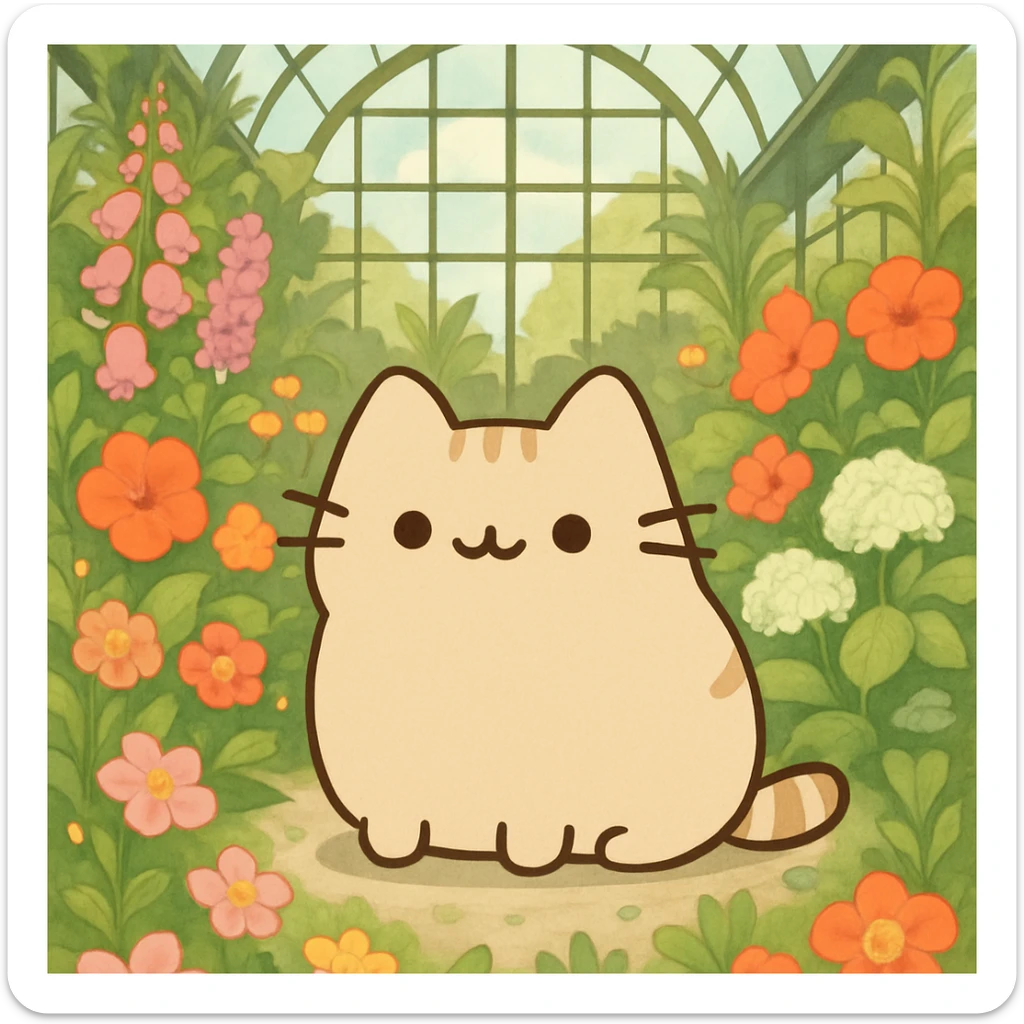 beige blonde kawaii pusheen-style kitten in a botanical garden greenhouse filled with flowers sticker