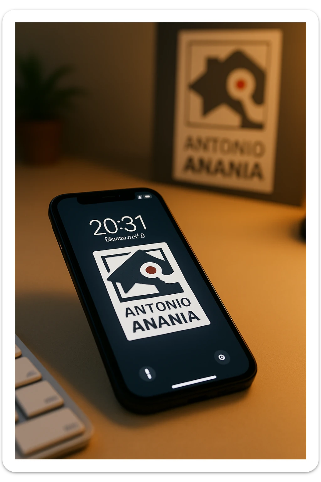 A photo of an iPhone with the message "Antonio Anania" on its screen, The phone sits atop a desk with a blurred background that suggests work environment. A faint glow from above casts gentle shadows across the surface of each object, creating depth and highlighting their textures sticker