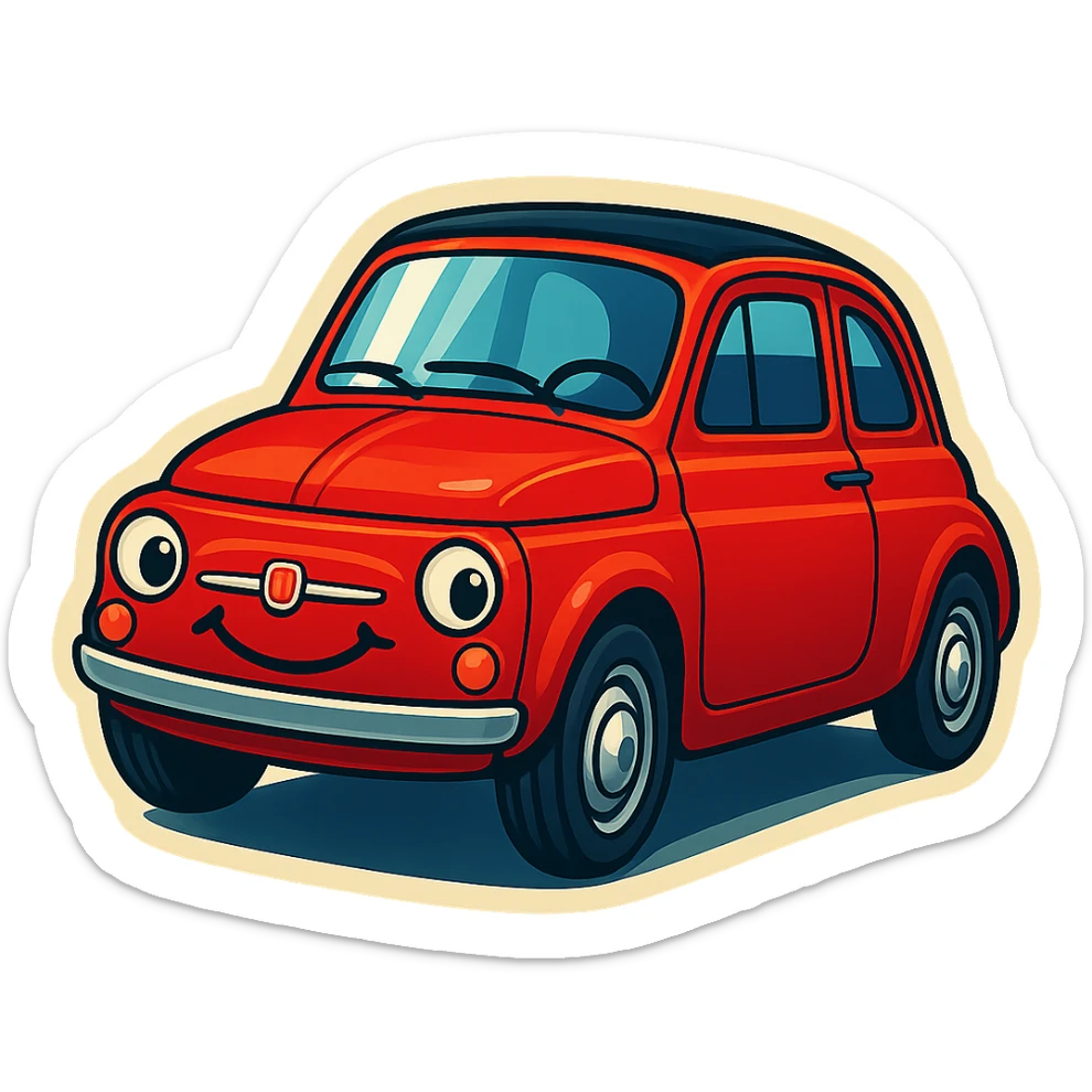 Make the Fiat 500 car red, add a smiling face to the car, keep the background transparent. sticker