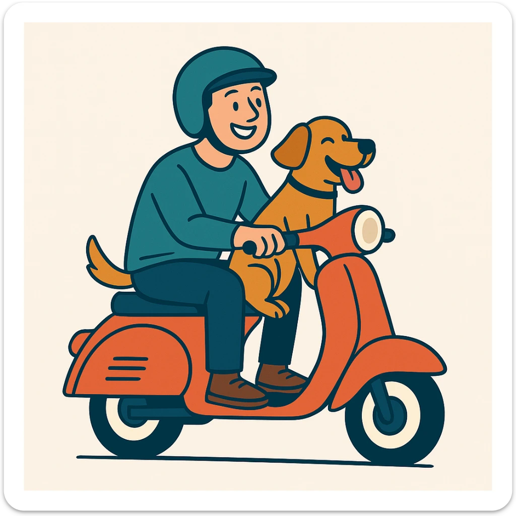vector art of a man and his pet dog riding a vespa, for website design  sticker