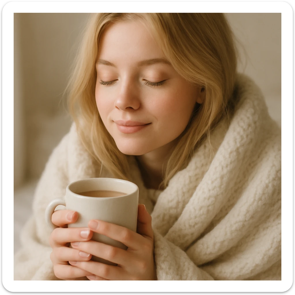 blonde girl wrapped in a blanket, holding a coffee mug, eyes gently closed, peaceful vibe, soft and cozy style sticker