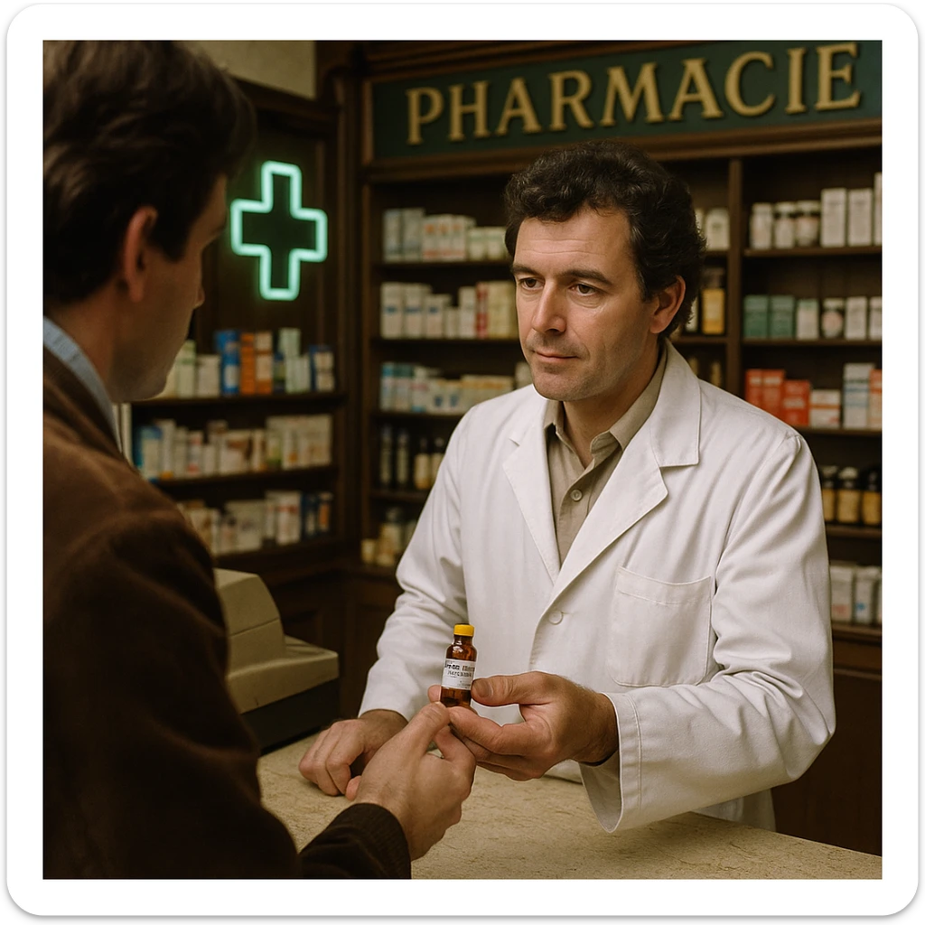 Realistic image of a pharmacist in France in 1980 delivering a vial of Trenbolone to a customer. The scene includes 1980s clothing and pharmacy interior decor with historical details. The perspective is a different angle, either a side view or a top-down view, capturing the pharmacy environment authentically. sticker