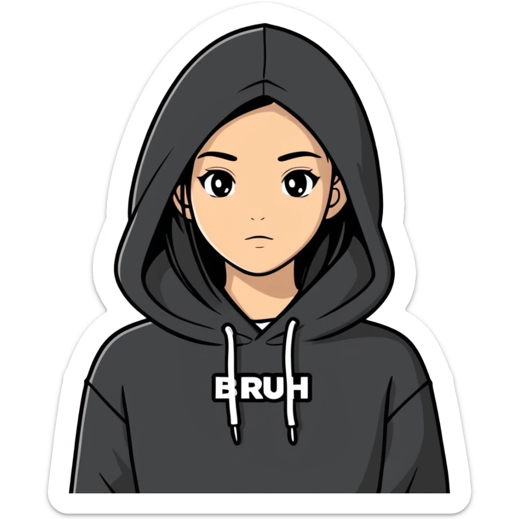A young lady with straight hair wearing a sweater hoodie that’s black and there’s words on the sweater they say Bruh sticker
