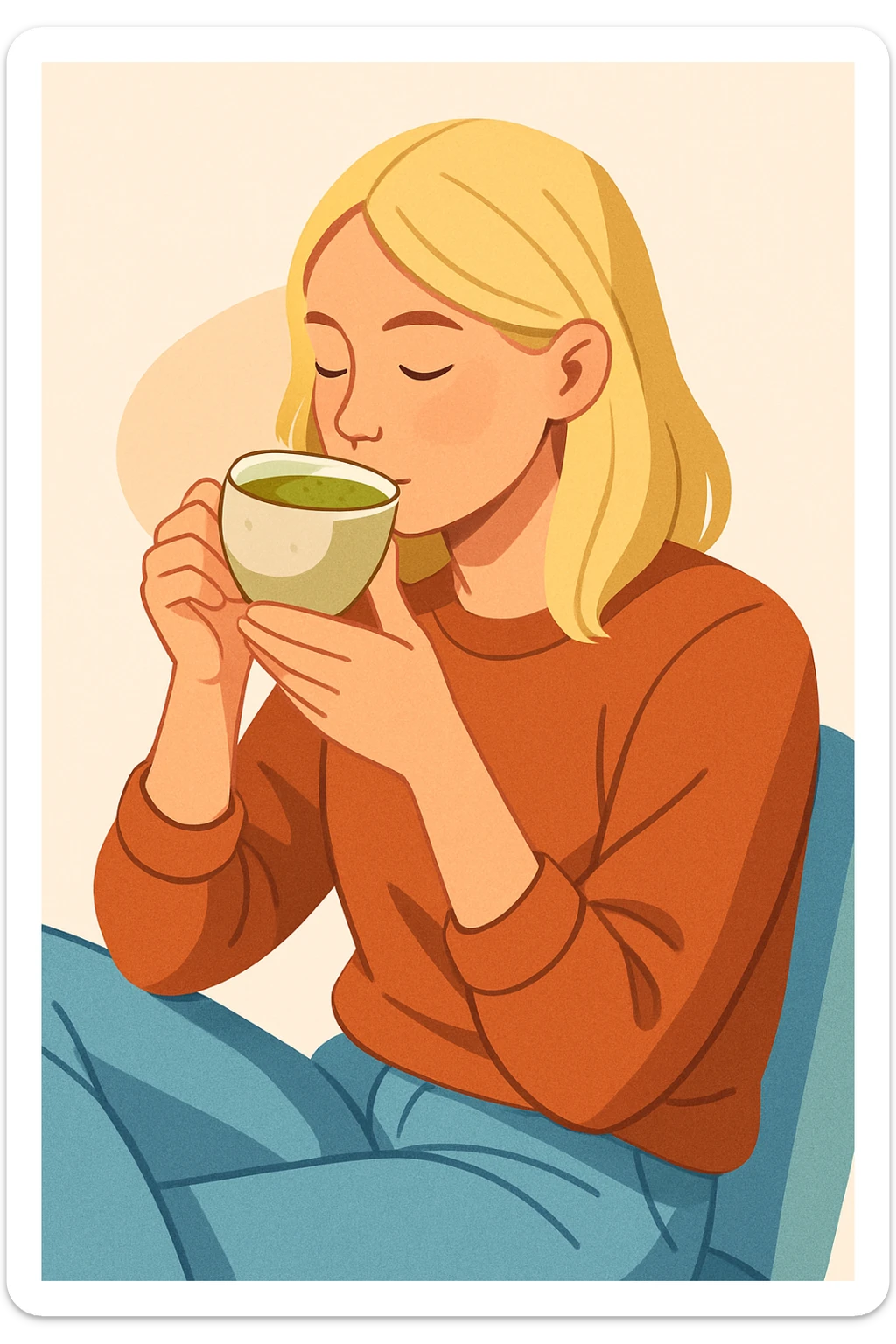 blonde girl drinking matcha, modern illustration style sticker