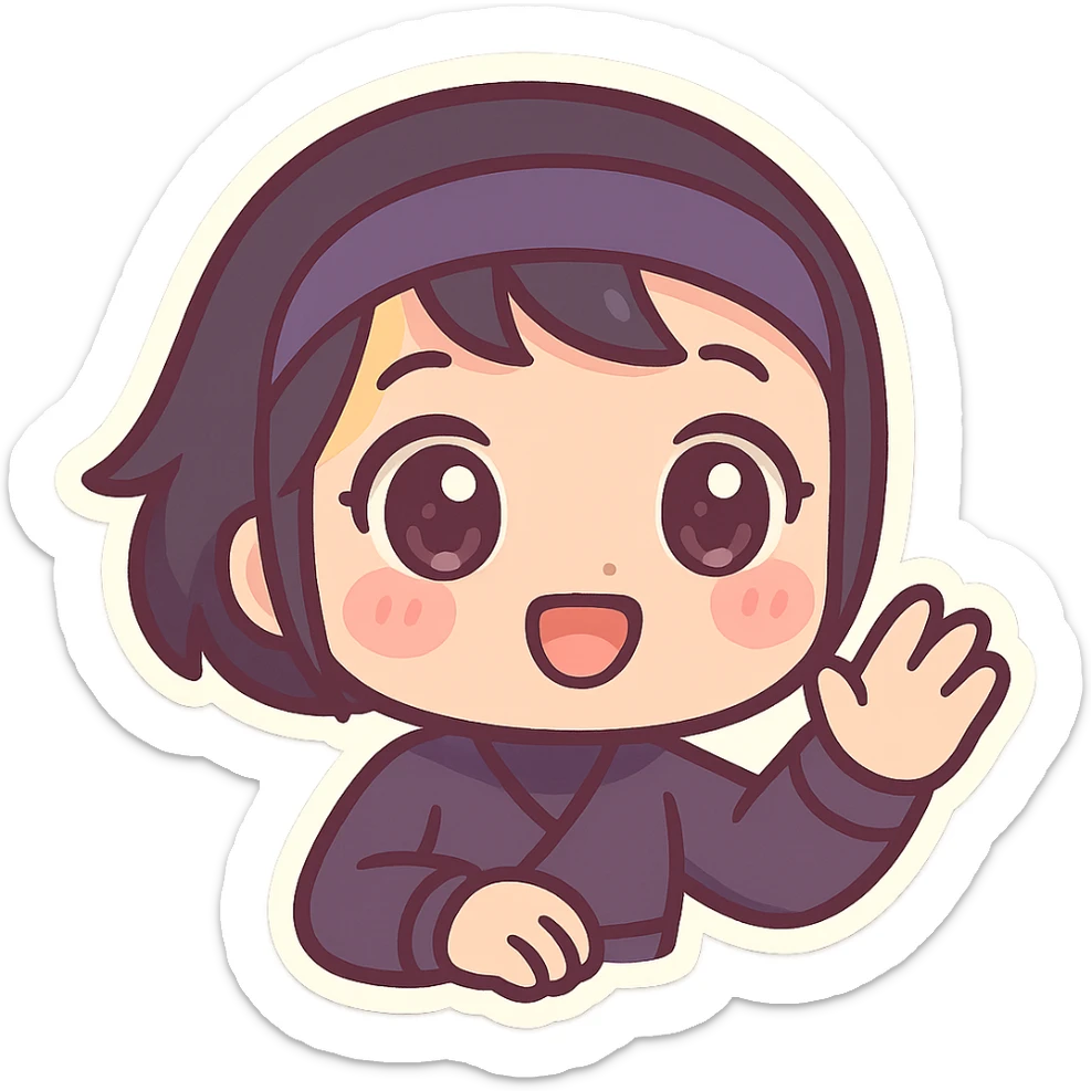 Kawaii chibi ninja girl with black short hair and a blonde streak, only head and arms, super cute, big sparkling eyes, rounder face, smaller mouth, extra soft colors, colorful chibi style, bold outlines, no mask, hand halfway up, smiling, sized for Twitch emoji use. sticker