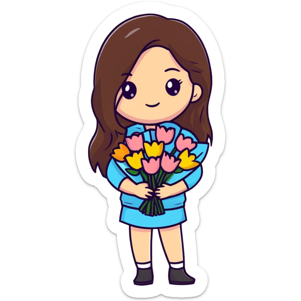 cool girl with long brown hair holding a bouquet of flowers, trendy outfit, stylish sticker