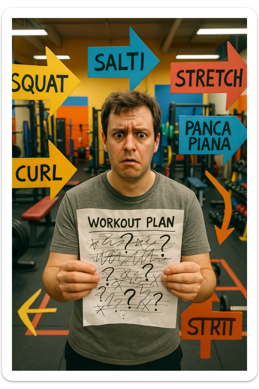 a person stands in the center of a gym, surrounded by arrows pointing in all directions, each labeled with a different exercise (e.g., “squat,” “Salti,” “stretch,” “Panca Piana”). The person looks bewildered, holding a workout plan with scribbles and question marks. The scene is colorful but visually messy, symbolizing confusion. in italiano immagine iperrealistica sticker