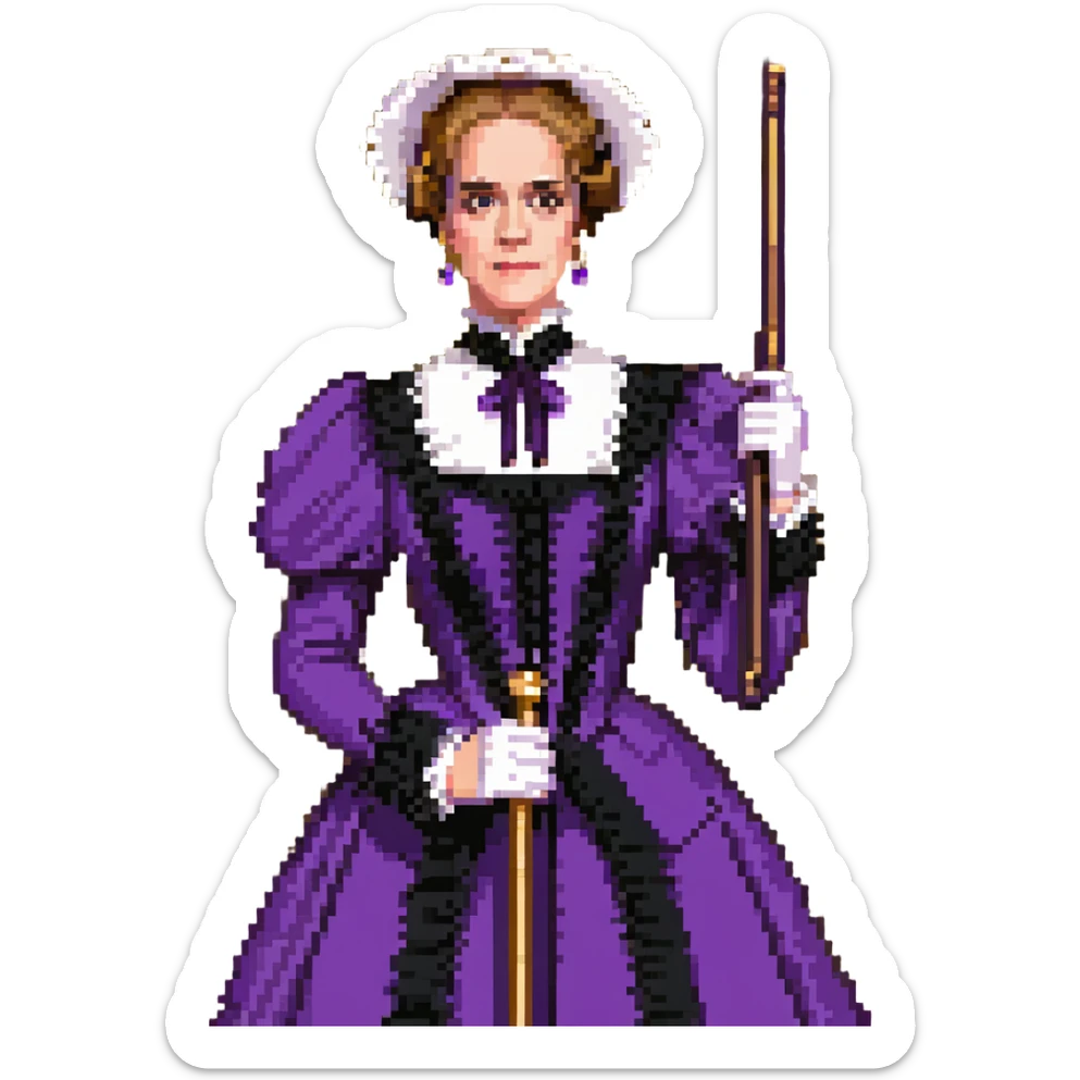 Wilhemina Venable (Sarah Paulson) in royal purple Victorian style, beautiful and luminous but terrifying, holding a gold cane sticker
