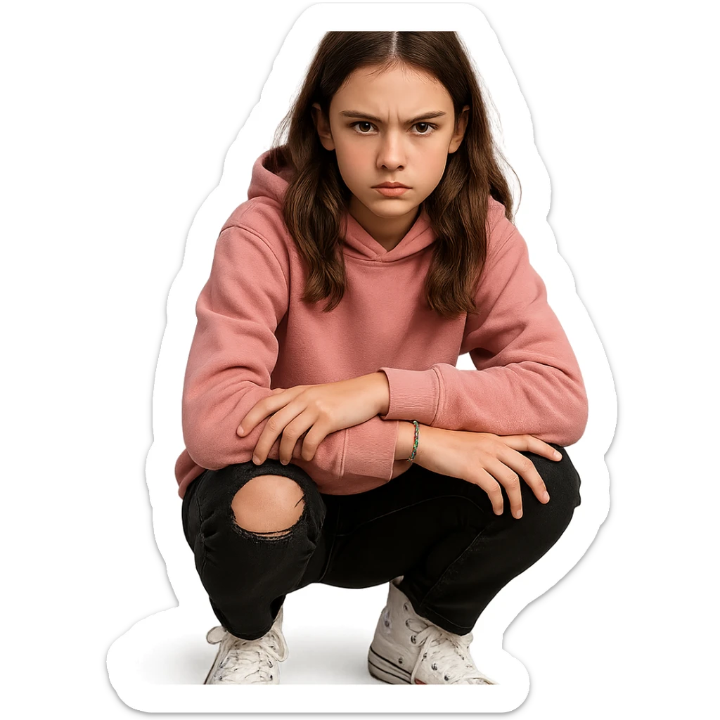 13-year-old girl with loose chestnut brown hair, hazel eyes, pink hoodie, black ripped jeans, white high-top sneakers, beaded friendship bracelet, bold sharp cautious expression sticker