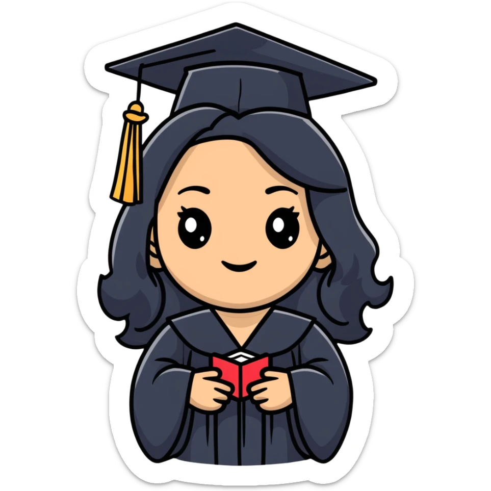happy latina graduate with long wavy black hair wearing graduation cap and gown sticker