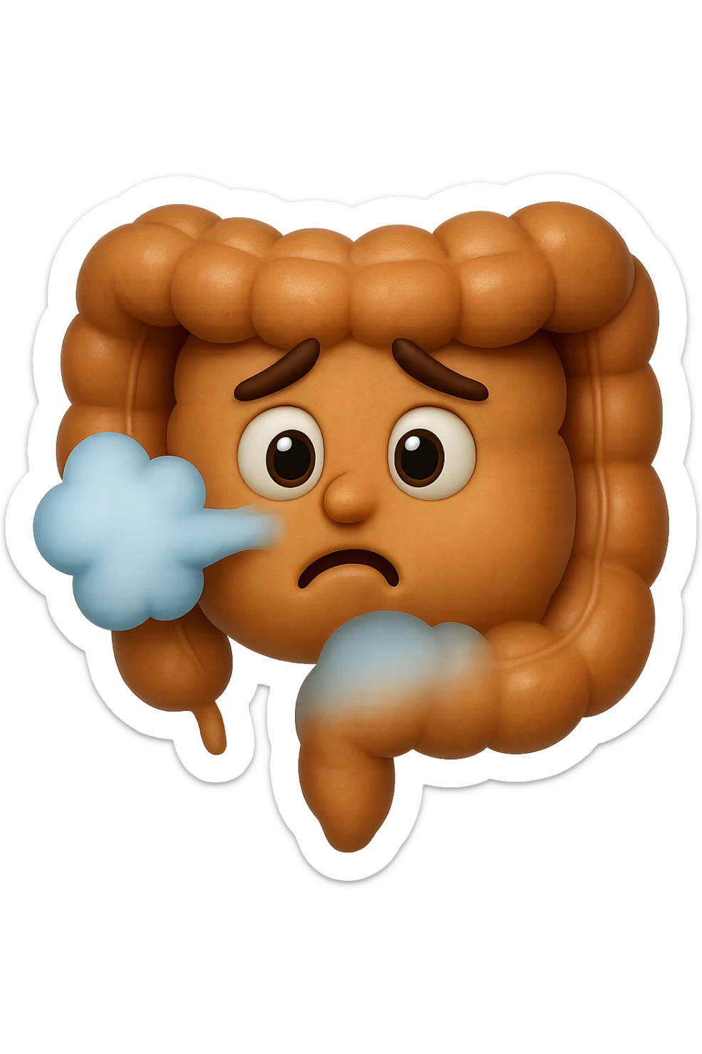 emoji stile iphone di un intestino che ingoia una nuvoletta di aria ben visibile e gli si gonfia la pancia, non fargli il naso, iperrealistico 4k sticker