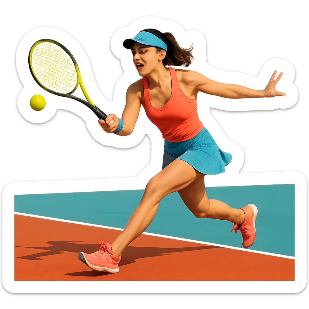 a woman tennis player, energetic pose, modern sportswear, on a tennis court, vibrant colors, clean background sticker