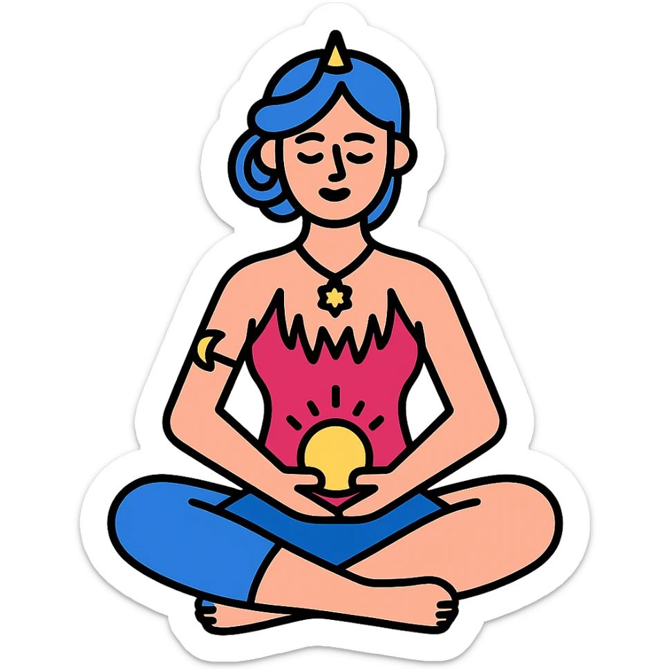 Detailed, feminine, cute vector style illustration of a girl sitting in lotus pose holding glowing energy in her hands. The appearance and style are highly refined as in the reference. Soft lines with shadows and highlights, transparent background. sticker