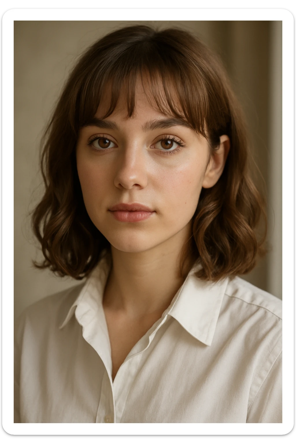 portrait of a young woman, age 22, brown eyes, light brown shoulder-length hair with gentle curls and bangs, light makeup, in a white dress shirt sticker
