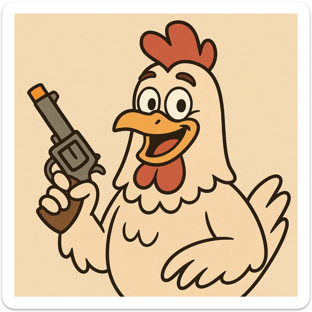 cartoon chicken holding a toy pistol with an orange tip, smiling, colorful and friendly sticker