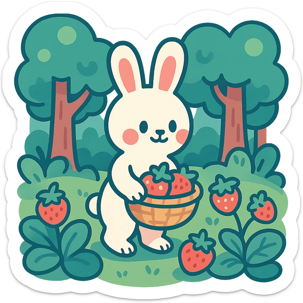 bunny picking strawberries in the woods, sweet pastel red, vibrant toon style sticker