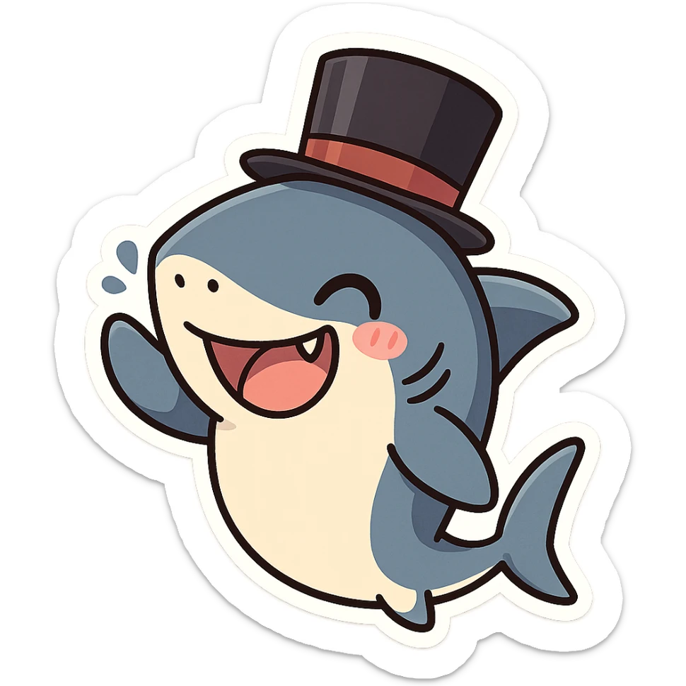 a fun and expressive shark wearing a top hat, cartoon style, playful, cute character, friendly and approachable sticker