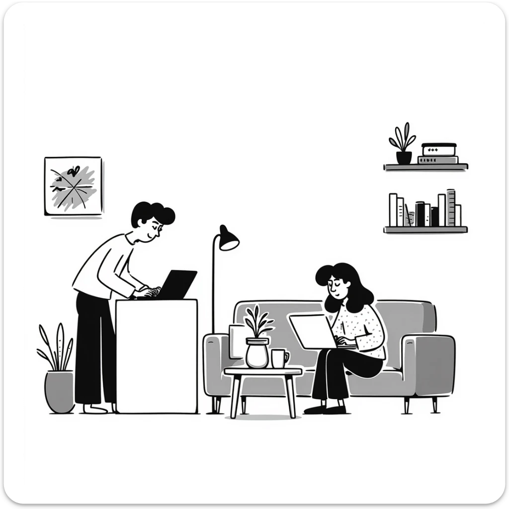 escenary 3d of a cozy mid-century living room with two people working on laptops, one man standing at a desk and one woman sitting on a couch, two walls and floor visible sticker