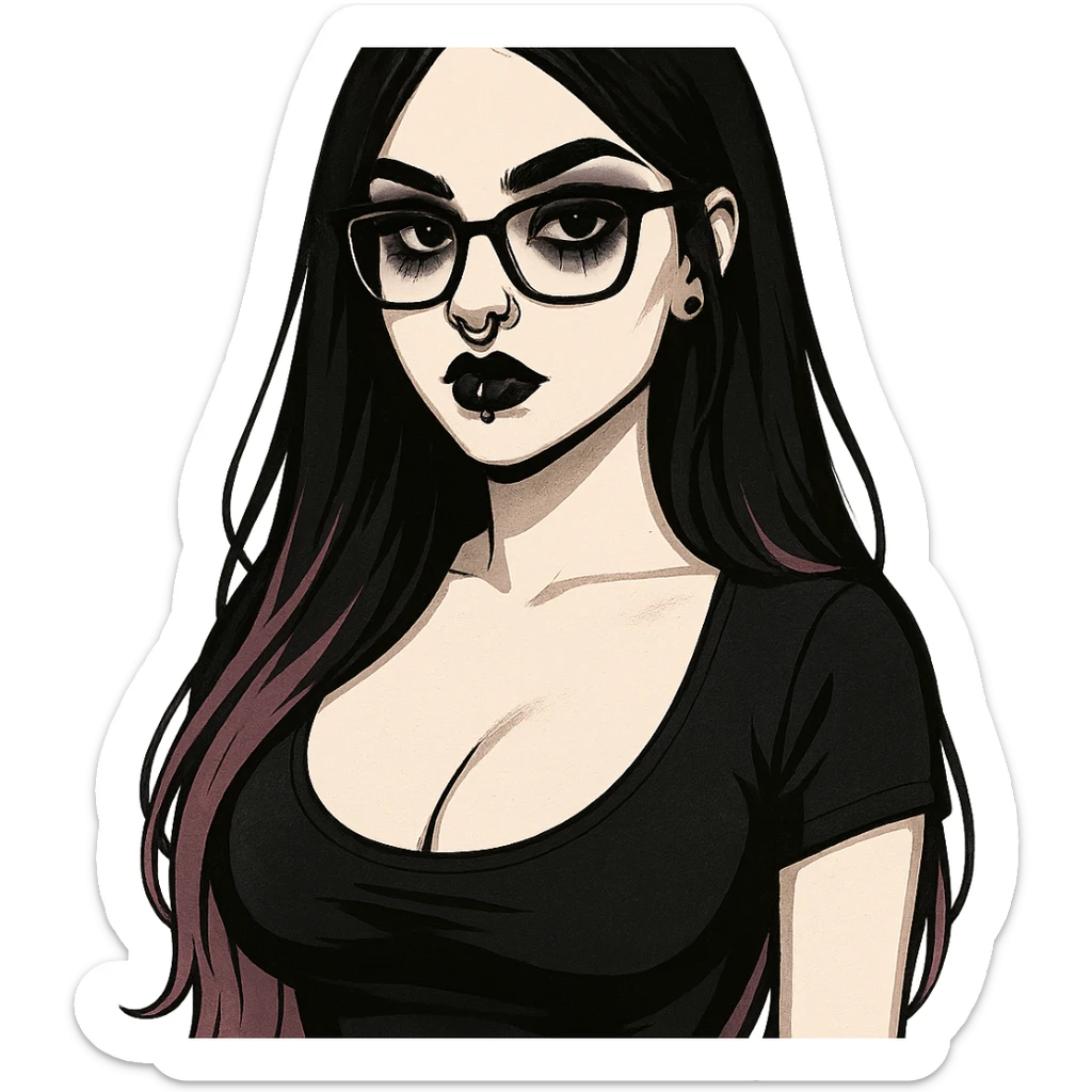 modern illustration of a gothic pale girl with nose and lip piercings, long black hair with pink ends, heavy eye makeup, glasses, and voluptuous chest sticker