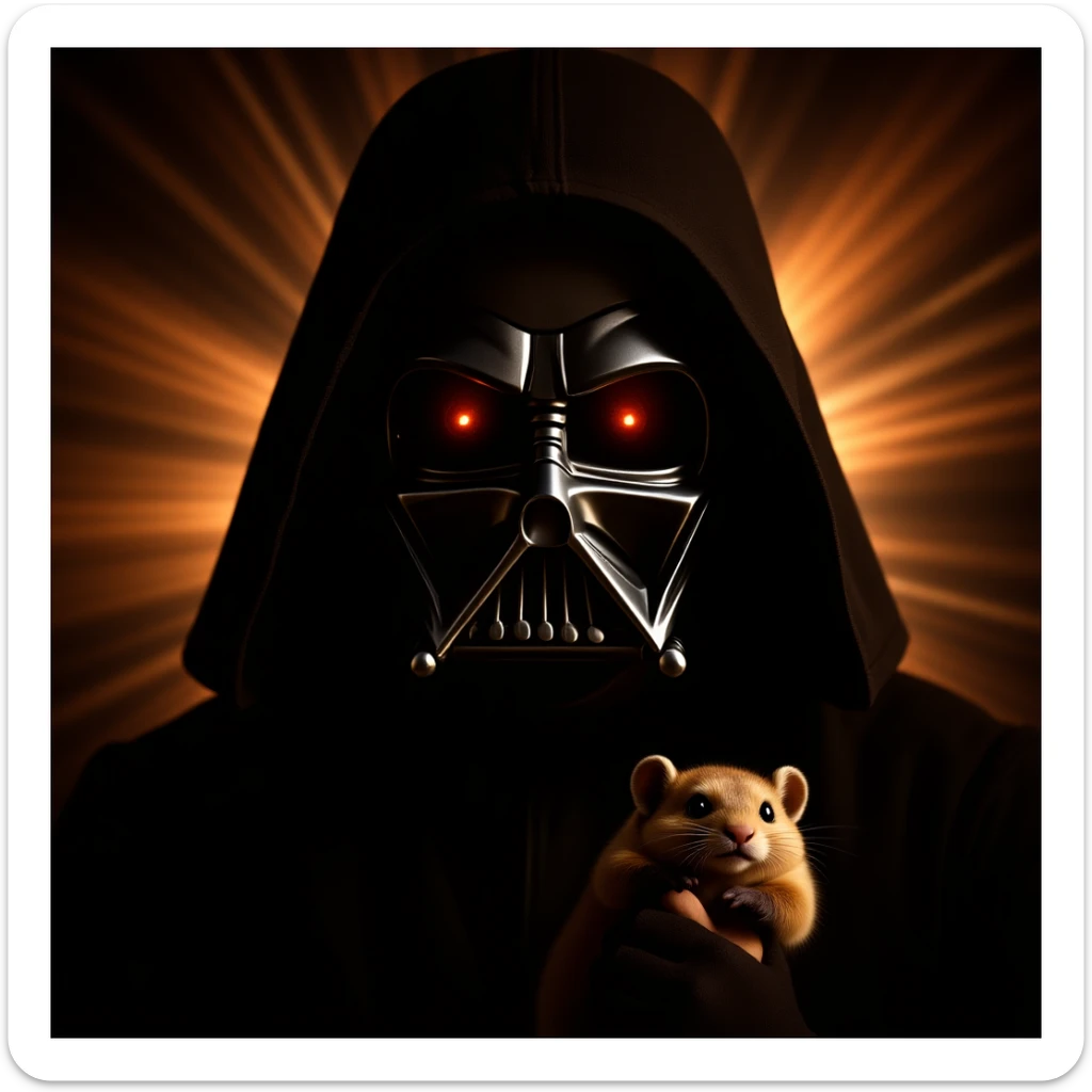 Cinematic still, Extreme Closeup Photo of a darth vader holding big hamster, low key light, explosion startship background with leading lines, back light, spot light sticker