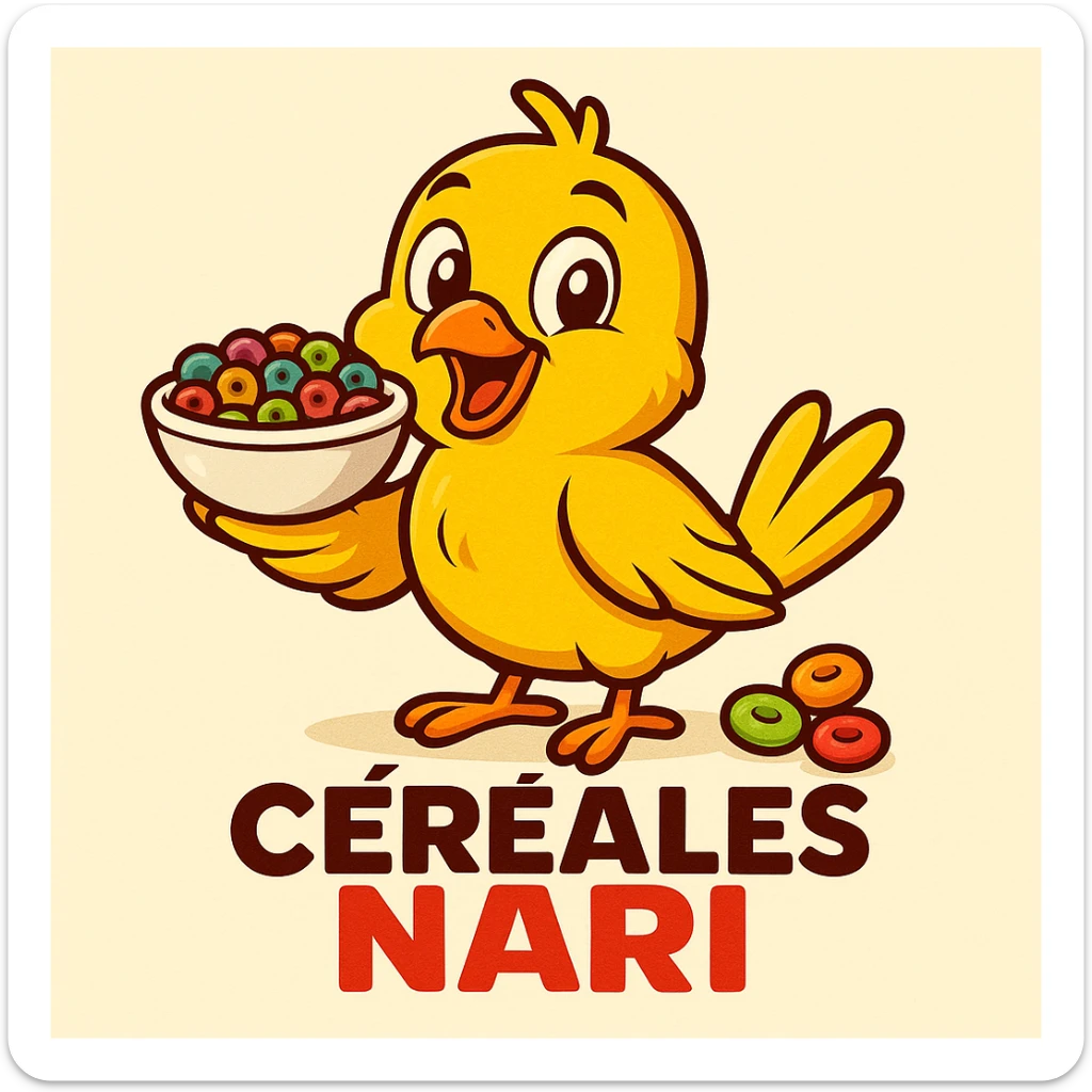 La mascotte du magaisn "céréales nari " doit être un canarie jaune joyeux !! Cree le sticker