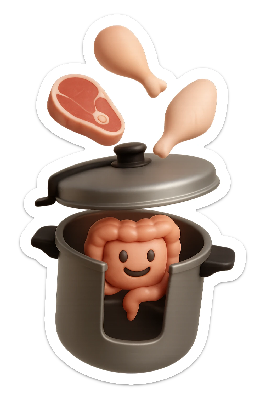 emoji stile iphone in 3d di una pentola a pressione dentro cui cadono agnello, pollo, tacchino crudi e un intestino umano felice da cuocere, iperrealistico 4k sticker