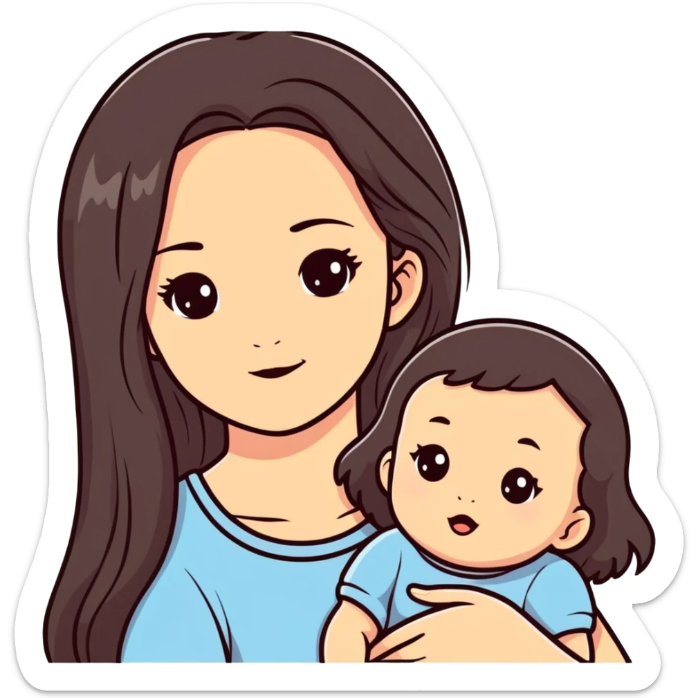 A girl with black brown long hair with baby face features with  sticker