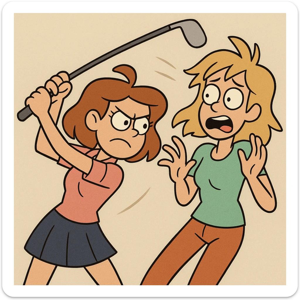 a girl swinging a golf club at another girl, energetic pose, comic style sticker