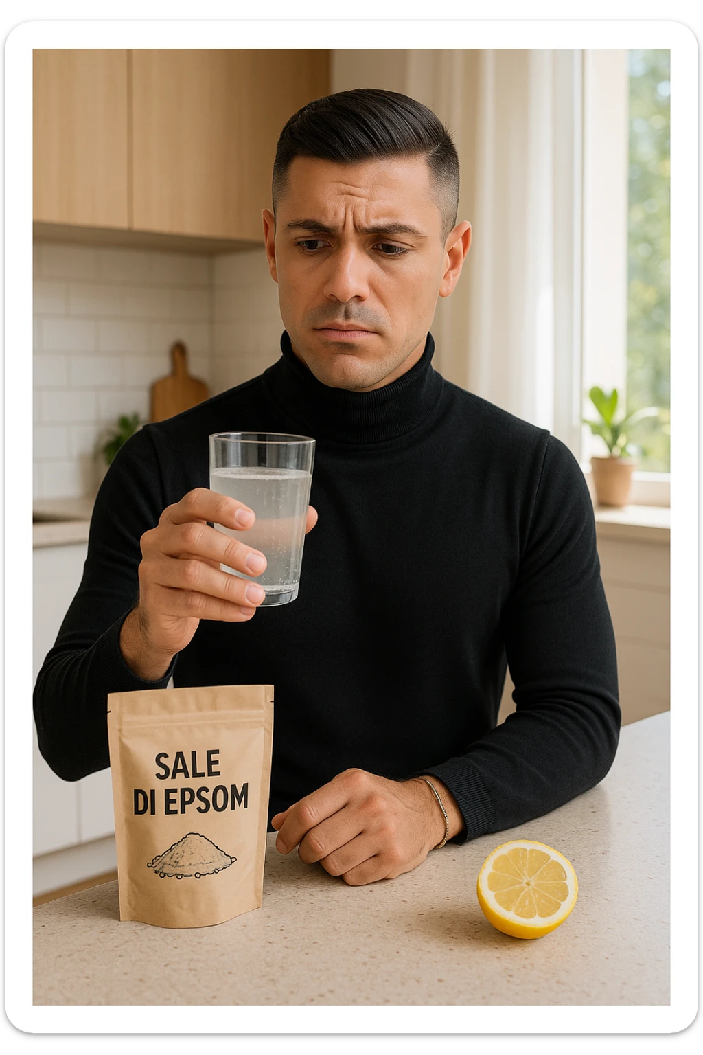 A realistic, bright photo-style image of a young man in his 30s standing in his kitchen, holding a clear glass filled with water in which Epsom salt (magnesium sulfate) has been dissolved. He looks focused but slightly uncertain as he prepares to drink it for a liver flush or digestive cleanse. The glass shows slight cloudiness from the dissolved salt. On the counter are a packet labeled 'Sale di Epsom' and a sliced lemon, suggesting he might use it to mask the taste. The setting is clean, natural, and bright with neutral tones. The background shows sunlight streaming through a window, emphasizing a clean, minimalist health-focused environment. The mood conveys a realistic, calm moment of self-care with a hint of discomfort, illustrating a natural detox practice in italiano sticker