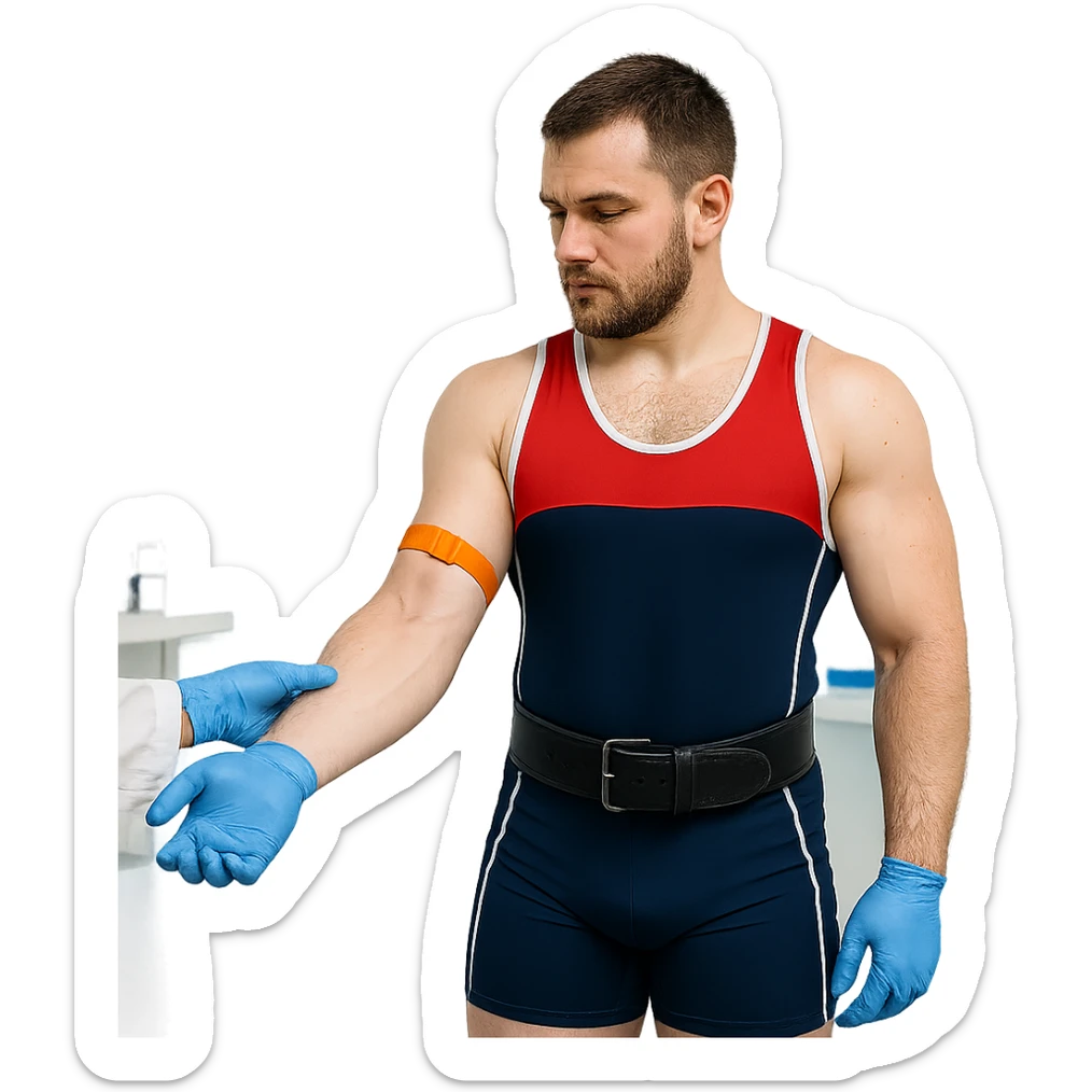 European powerlifter in federal competition, showing arm for blood sampling during anti-doping control, wearing competition clothing, laboratory atmosphere, isolated on white background sticker