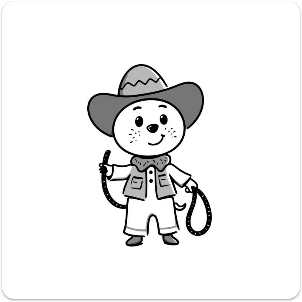 A hand-drawn plush baby cowboy toy with a lasso and cute freckles sticker