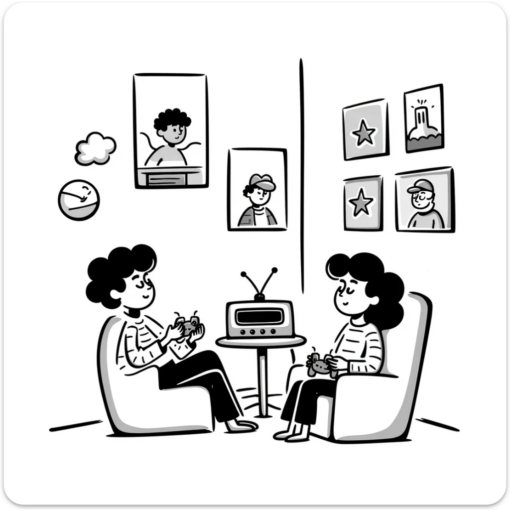 A retro gamer room with pixel posters and a console hooked to a tube TV sticker