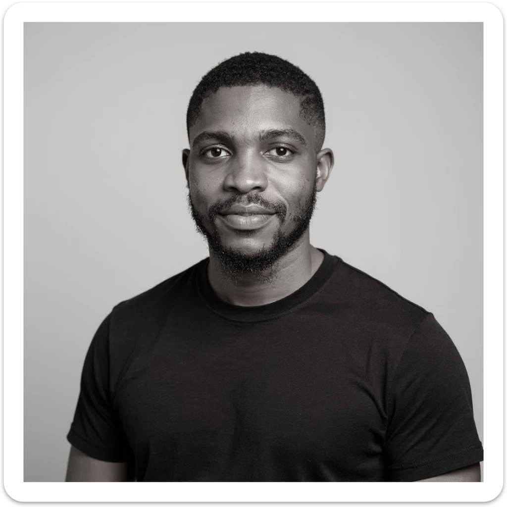A professional portrait of me in monochrome. Plain black crew neck shirt. Tailored to LinkedIn. Tech boy vibe (programmer). I’m a black man from Nigeria. Retain facial features from attached image. Make face smoothie and healthy. No accessories. Light gray background to make subject more visible. sticker