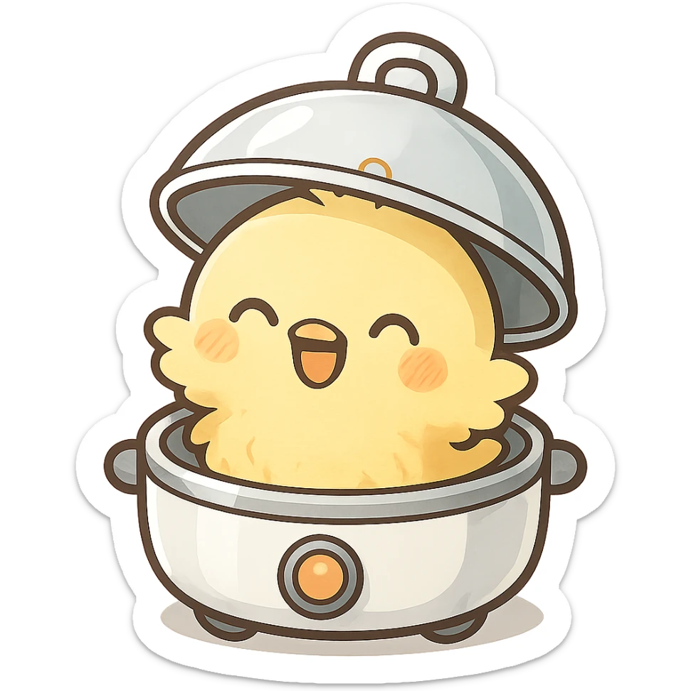 cute chibi soft fluffy chick in an egg cooker, popping out of the lid, smiling brightly, soft yellow, full-body sticker