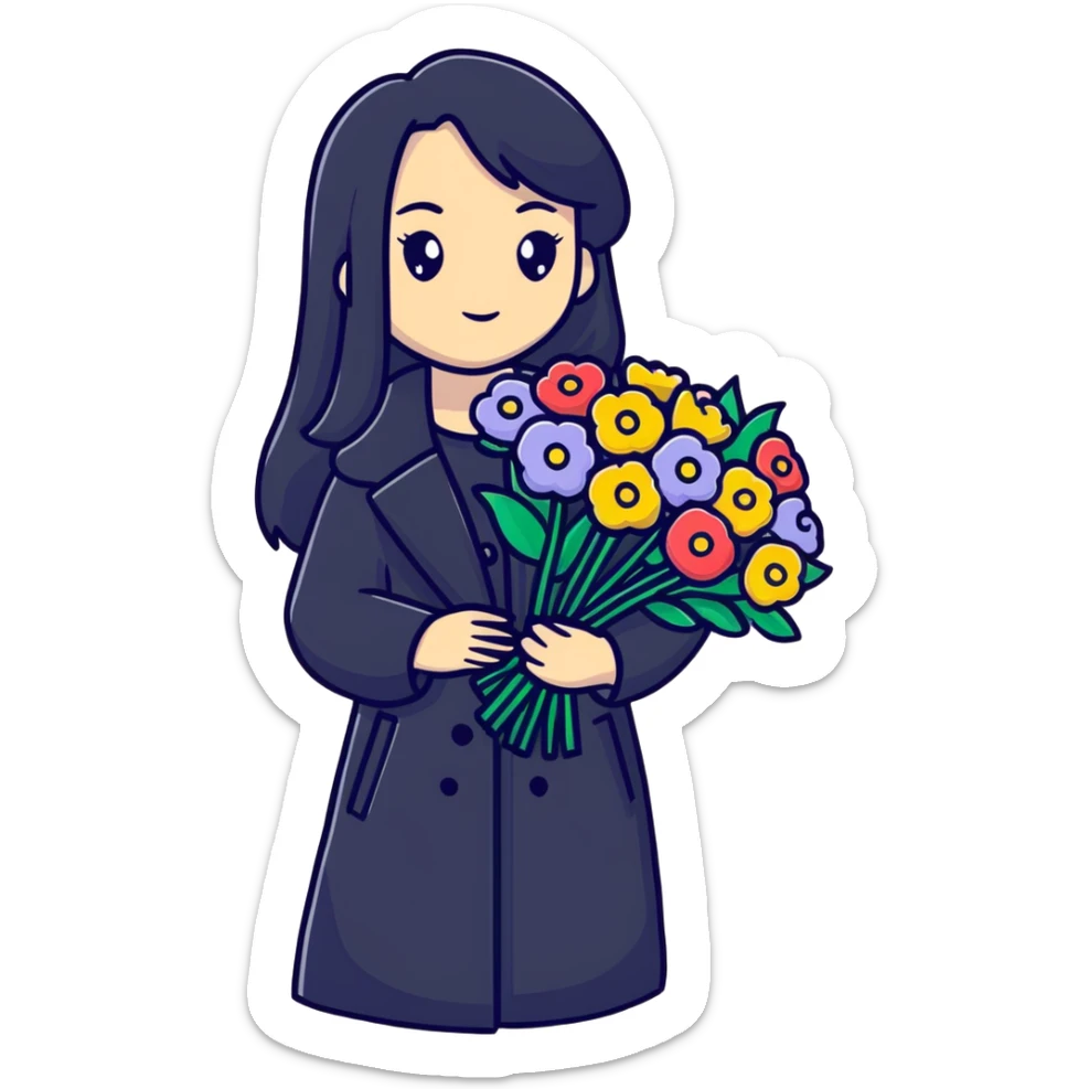 beautiful girl with long black hair wearing a black coat holding a bouquet of flowers sticker