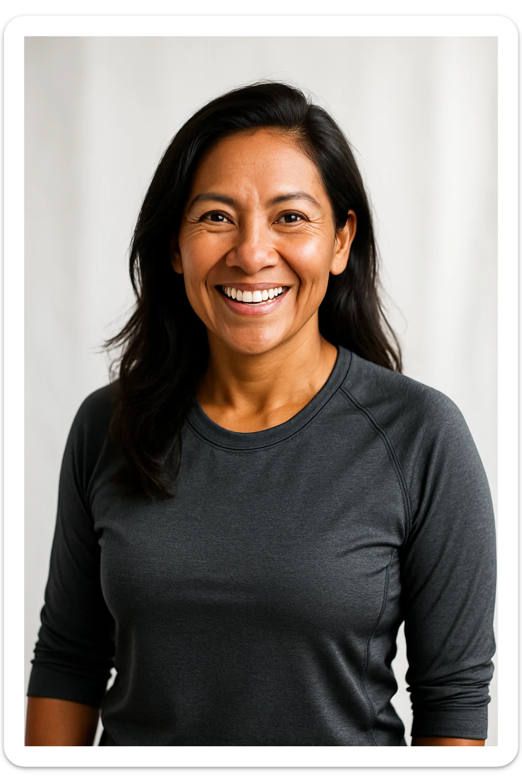 Portrait of a Peruvian woman aged 30 to 50 years, with wheat-colored skin, dark hair, smiling and energetic expression, semi-sporty style, wearing a lead-colored garment, inspiring and healthy image, ideal as a brand representative for supplements for Peruvian adults. sticker