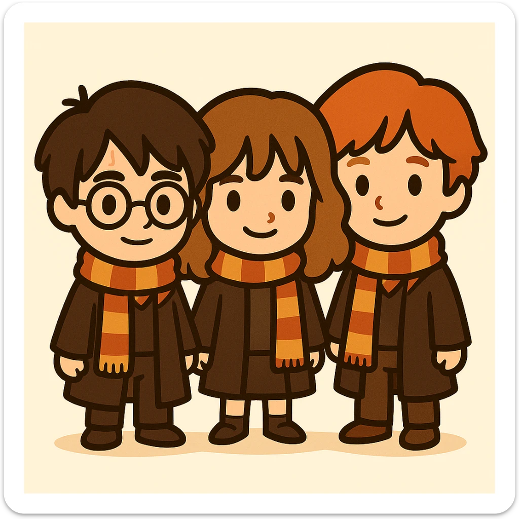 Illustration of Harry Potter, Hermione Granger, and Ron Weasley together in a cute, simplified cartoon style similar to the previous. Harry has round glasses, a lightning scar on his forehead, a striped scarf, dark brown hair, Hogwarts robe, no wand. Hermione has light brown hair, striped scarf, Hogwarts robe, friendly expression. Ron has red hair, striped scarf, Hogwarts robe, friendly expression. All full body, together, with bold black lines and soft colors. sticker