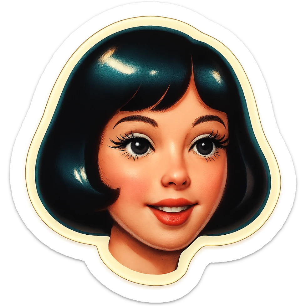 girl with pale skin, black bob haircut, light makeup, big eyes with long lashes, slightly open lips, light smile, Telegram sticker style, head only without neck, white background sticker